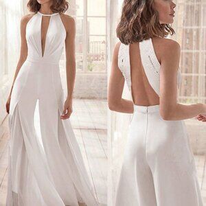 White Elegant Women's Sexy Embroidered Applique Open Back Halter Jumpsuit